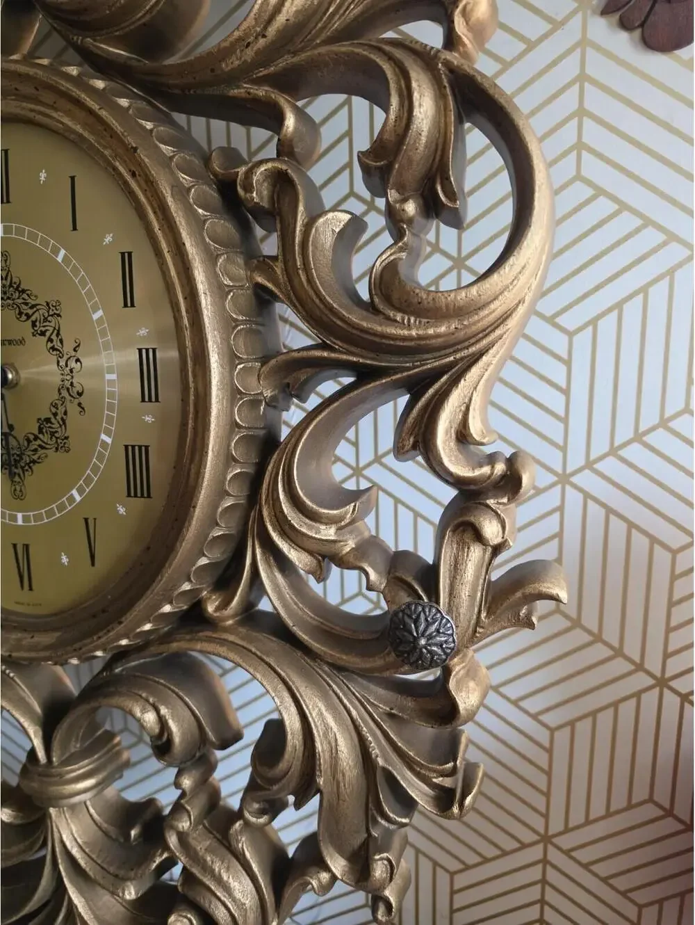 Vintage 1970 Burwood Large Gold Ornate Wall Clock Hollywood Regency 31”x20”